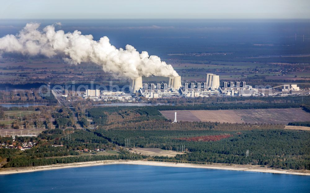 Aerial photograph Teichland - Clouds of exhaust gas in the cooling towers of the power plant Jaenschwalde, a lignite-fired thermal power plant in southeastern Brandenburg. Power plant operator is to Vattenfall Europe belonging Vattenfall Europe Generation AG, which emerged from VEAG