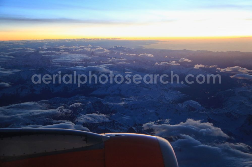 Brot-Plamboz from the bird's eye view: White and snowy peaks des Alpenkammes der Schweizer Jura in the rocky and mountainous landscape in Brot-Plamboz in Neuchatel, Switzerland