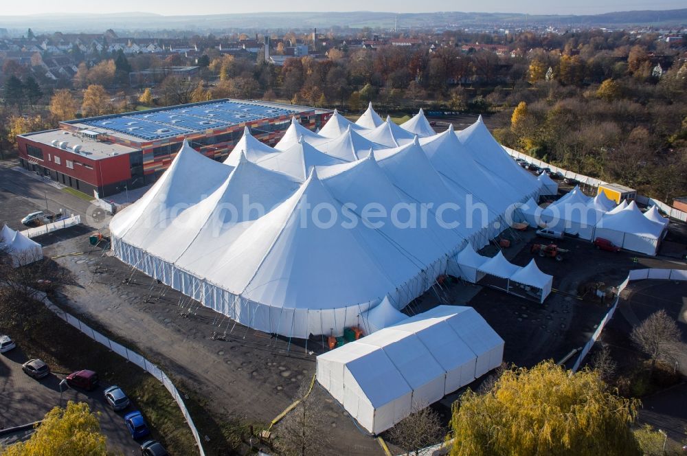 Aerial image Göttingen - White event tent and tent city to host the Coparts Auto Parts GmbH in Goettingen in Lower Saxony