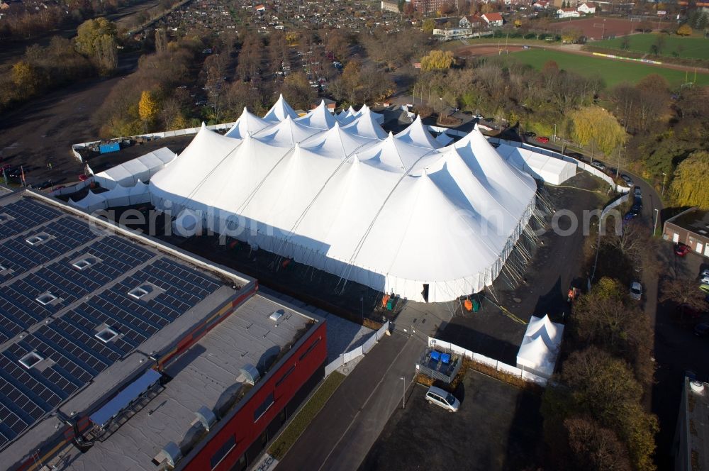 Göttingen from above - White event tent and tent city to host the Coparts Auto Parts GmbH in Goettingen in Lower Saxony