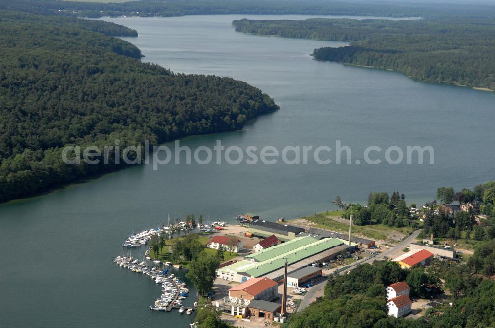 Aerial photograph Elsenau - Blick auf den Werbellinsee über die Marina Elsenau im Biosphärenreservat Schorfheide-Chorin in Brandenburg. View of the lake Werbellinsee over the Marina Elsenau in Brandenburg / BB.