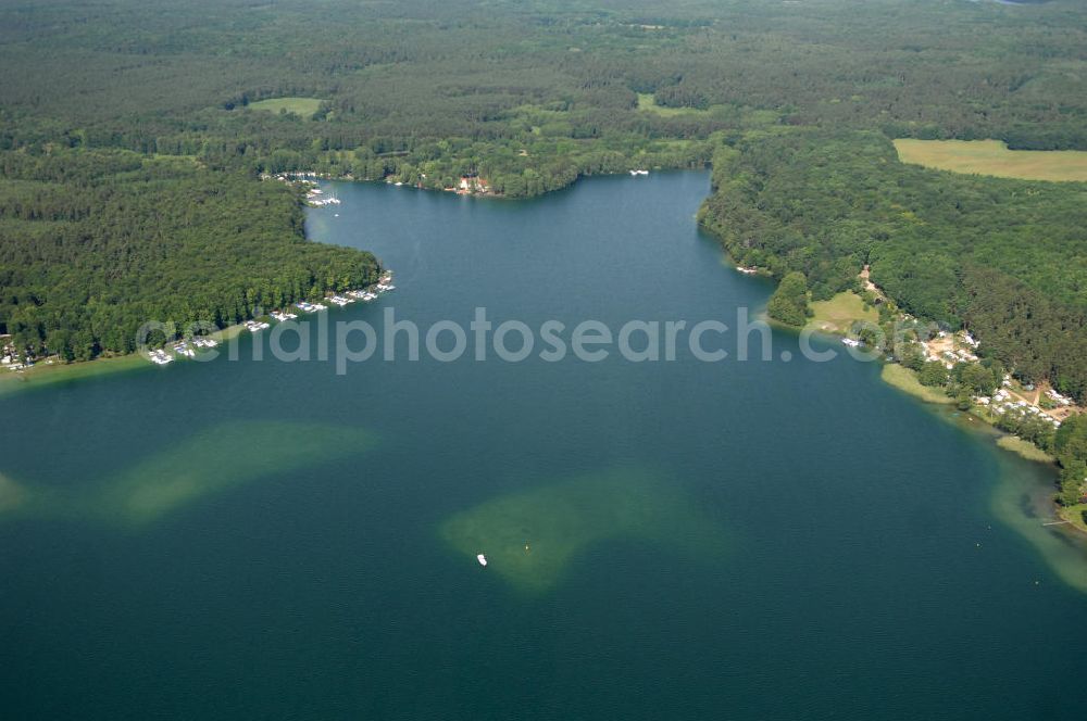 Schorfheide from the bird's eye view: Blick auf den Werbellinsee im Landkreis Barnim in Brandenburg. Der Werbellinsee liegt im Biosphärenreservat Schorfheide-Chorin und ist der viertgrößte Natursee und der zweittiefste See Brandenburgs. Kontakt: EJB Werbellinsee GmbH, Tel. +49 (0) 333 636 297,