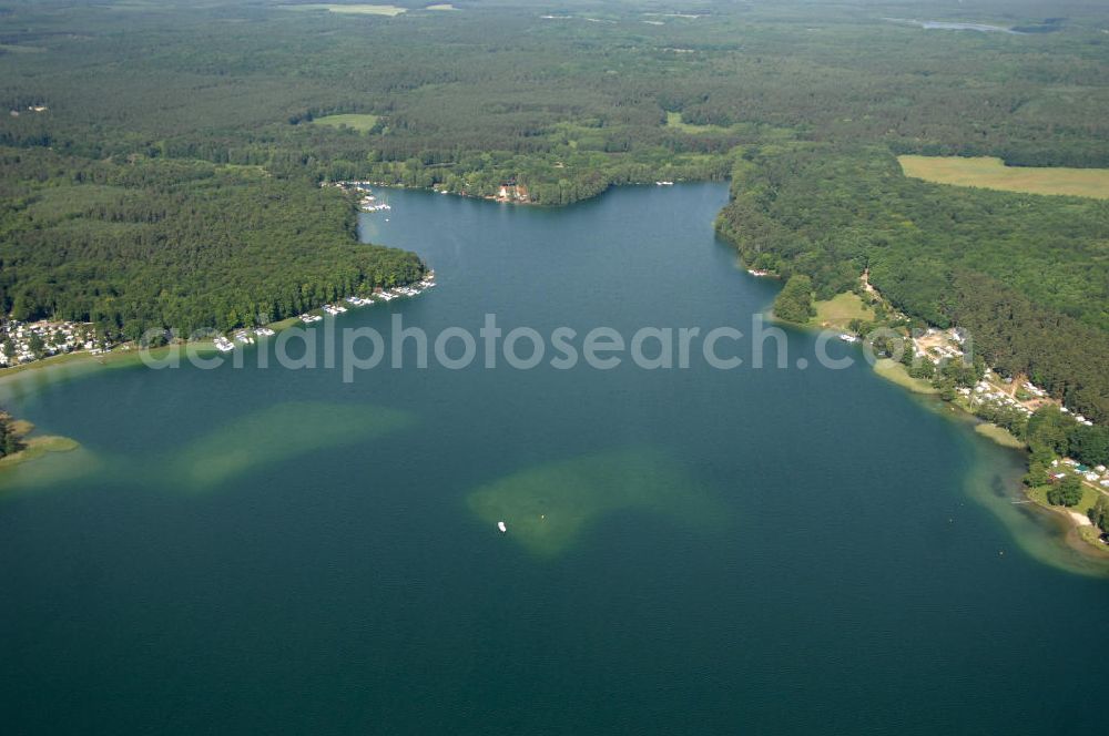 Aerial image Schorfheide - Blick auf den Werbellinsee im Landkreis Barnim in Brandenburg. Der Werbellinsee liegt im Biosphärenreservat Schorfheide-Chorin und ist der viertgrößte Natursee und der zweittiefste See Brandenburgs. Kontakt: EJB Werbellinsee GmbH, Tel. +49 (0) 333 636 297,