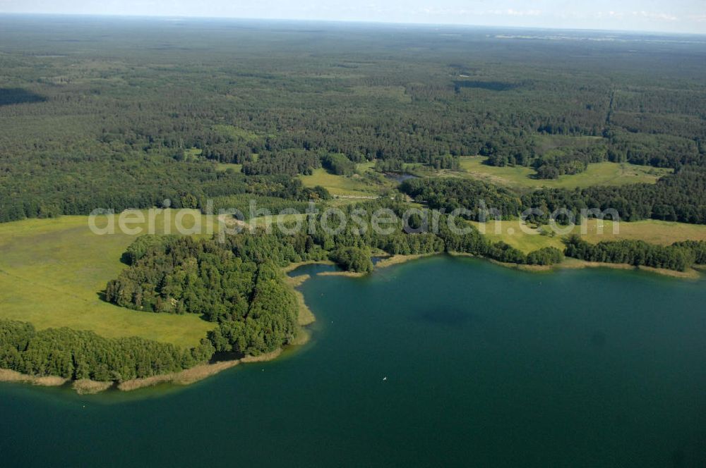 Schorfheide from the bird's eye view: Blick auf den Werbellinsee im Landkreis Barnim in Brandenburg. Der Werbellinsee liegt im Biosphärenreservat Schorfheide-Chorin und ist der viertgrößte Natursee und der zweittiefste See Brandenburgs. Kontakt: EJB Werbellinsee GmbH, Tel. +49 (0) 333 636 297,