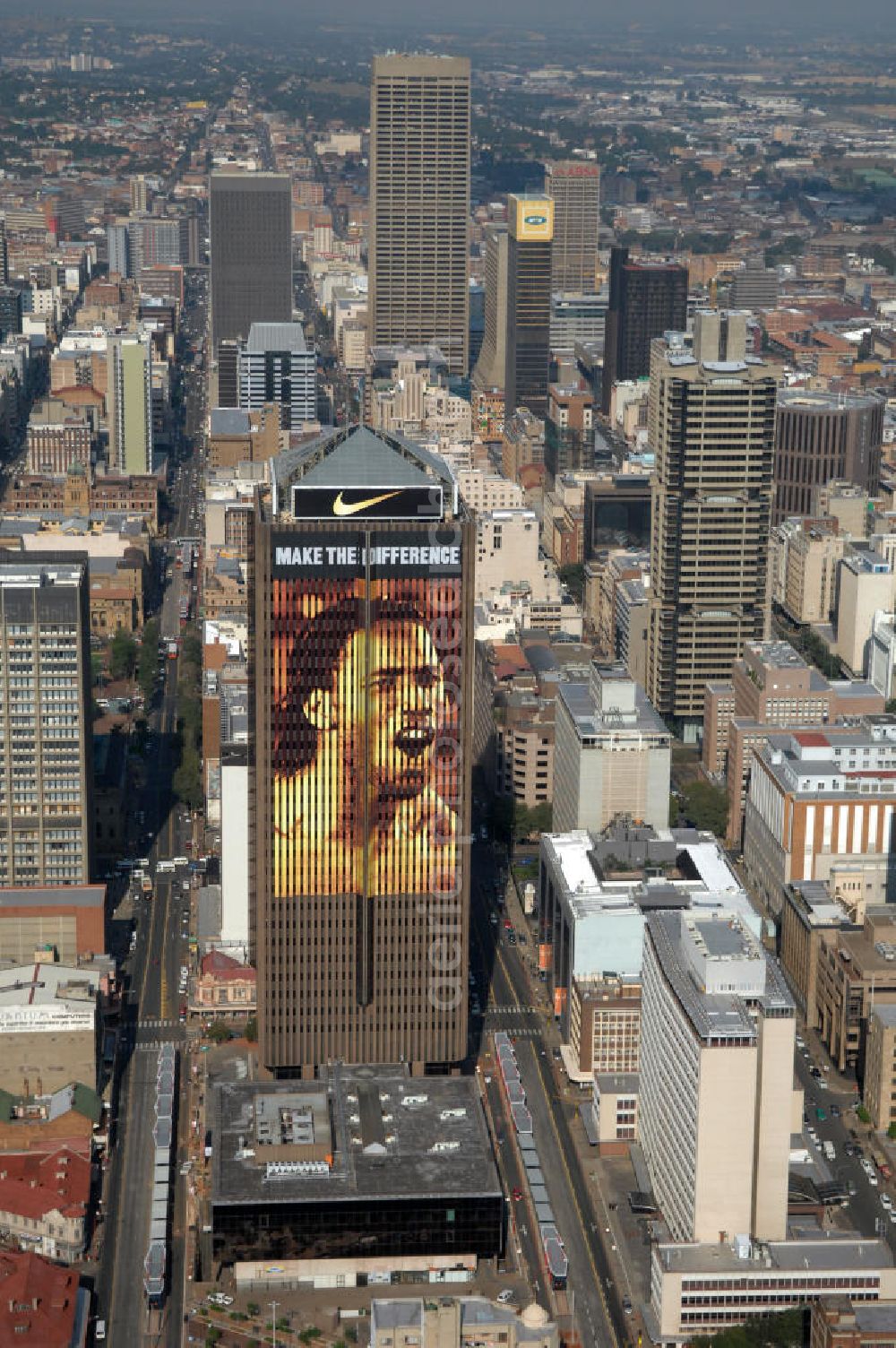 Aerial photograph JOHANNESBURG - Advertisement of the sports company Nike at the front of the Southern Life Center or African Eagle Life Centre in Johannesburg, South Africa. The skyscraper serves as an office and commercial building