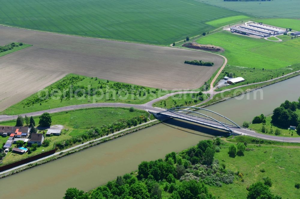 Aerial image Parey - Werder road bridge over the Elbe-Havel-Canel and a deposition surface in Parey in the state Saxony-Anhalt