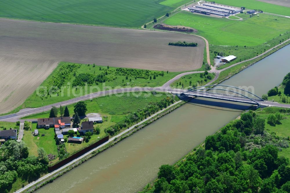 Aerial photograph Parey - Werder road bridge over the Elbe-Havel-Canel and a deposition surface in Parey in the state Saxony-Anhalt