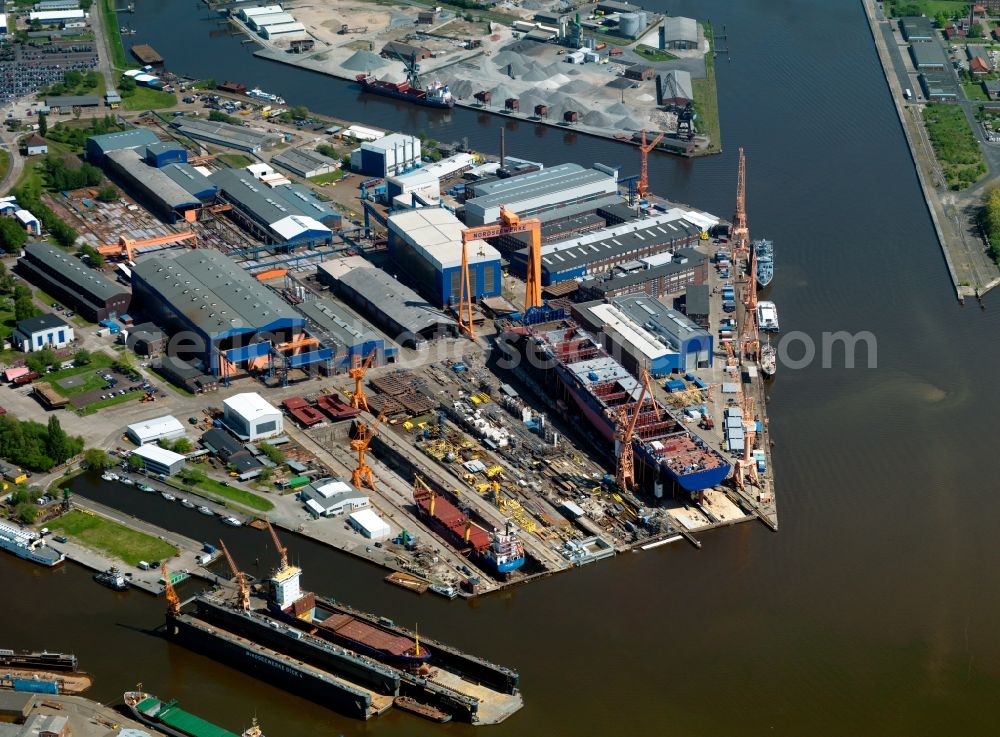 Emden from the bird's eye view: Shipyard - ship dry dock area and the NSW North Werke GmbH in Emden in East Frisia in Lower saxony