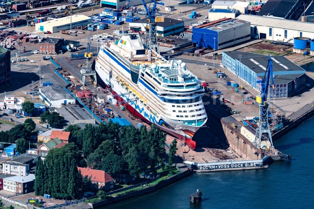 Hamburg from above - Shipyard with shipbuilding of Blohm + Voss Dock Elbe with AIDA mar in Hamburg, Germany