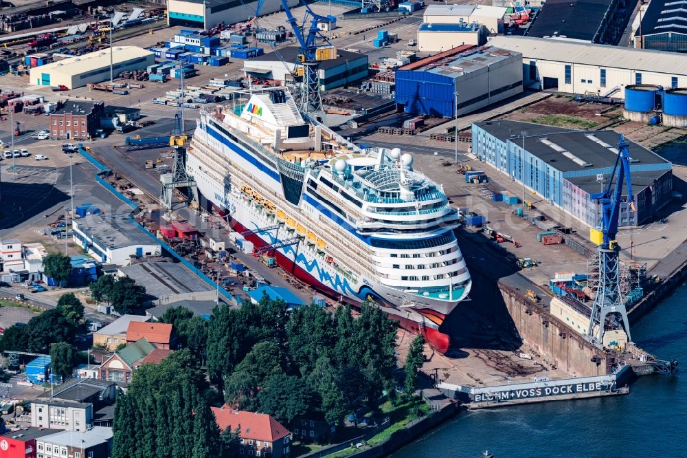 Hamburg from the bird's eye view: Shipyard with shipbuilding of Blohm + Voss Dock Elbe with AIDA mar in Hamburg, Germany