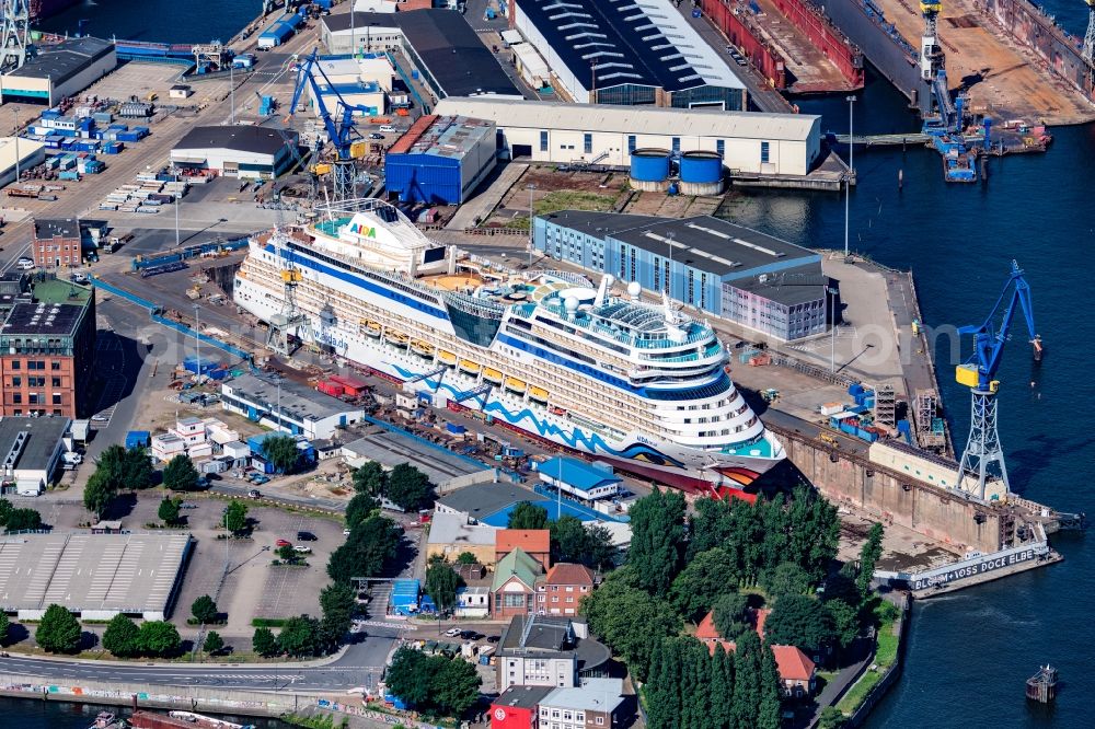 Aerial image Hamburg - Shipyard with shipbuilding of Blohm + Voss Dock Elbe with AIDA mar in Hamburg, Germany