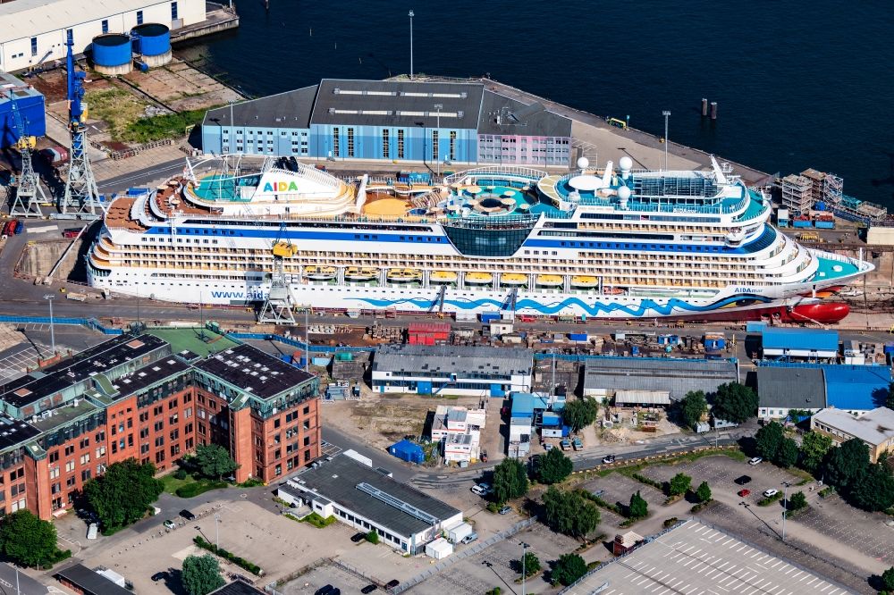 Hamburg from above - Shipyard with shipbuilding of Blohm + Voss Dock Elbe with AIDA mar in Hamburg, Germany