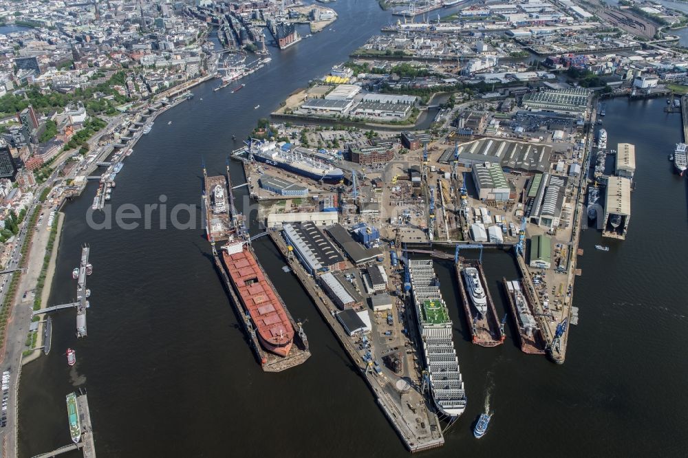 Hamburg from the bird's eye view: Shipyard - site of the Blohm+Voss GmbH in Hamburg in Hamburg, Germany