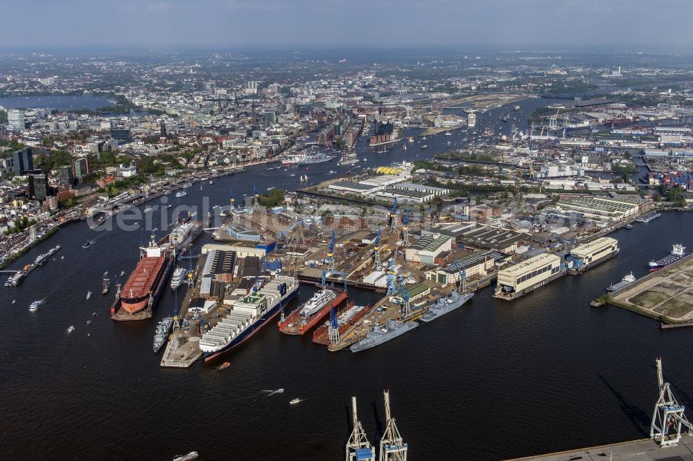 Hamburg from the bird's eye view: Shipyard - site of the Blohm+Voss GmbH in Hamburg in Hamburg, Germany