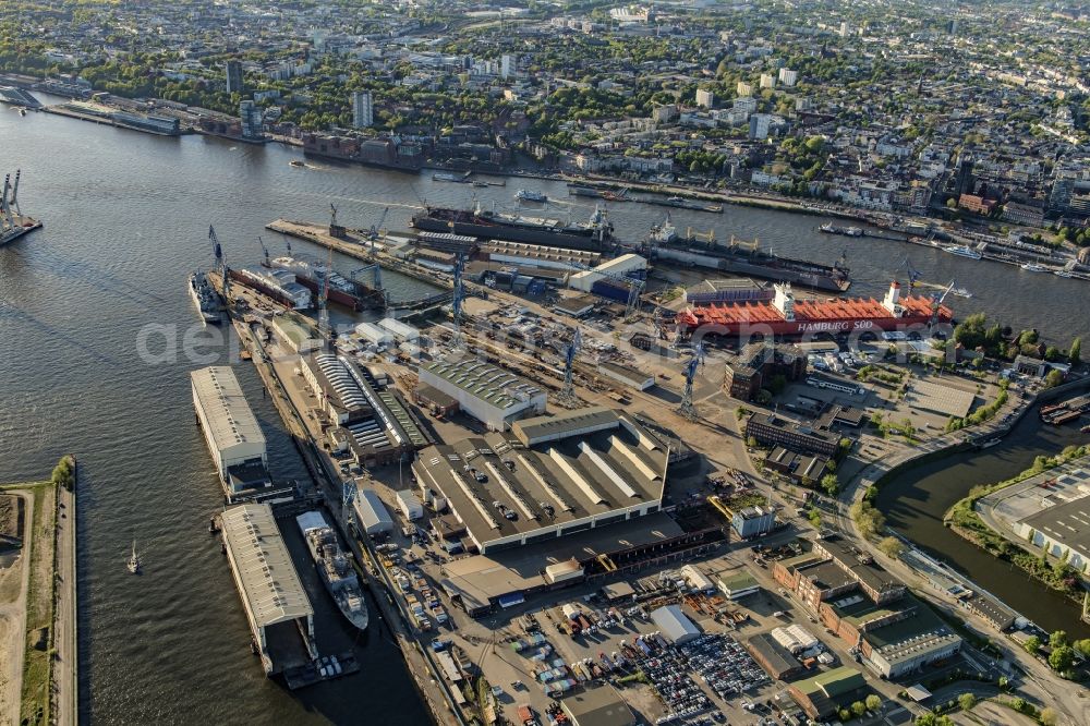 Hamburg from the bird's eye view: Shipyard - site of the Blohm+Voss GmbH in Hamburg in Hamburg, Germany