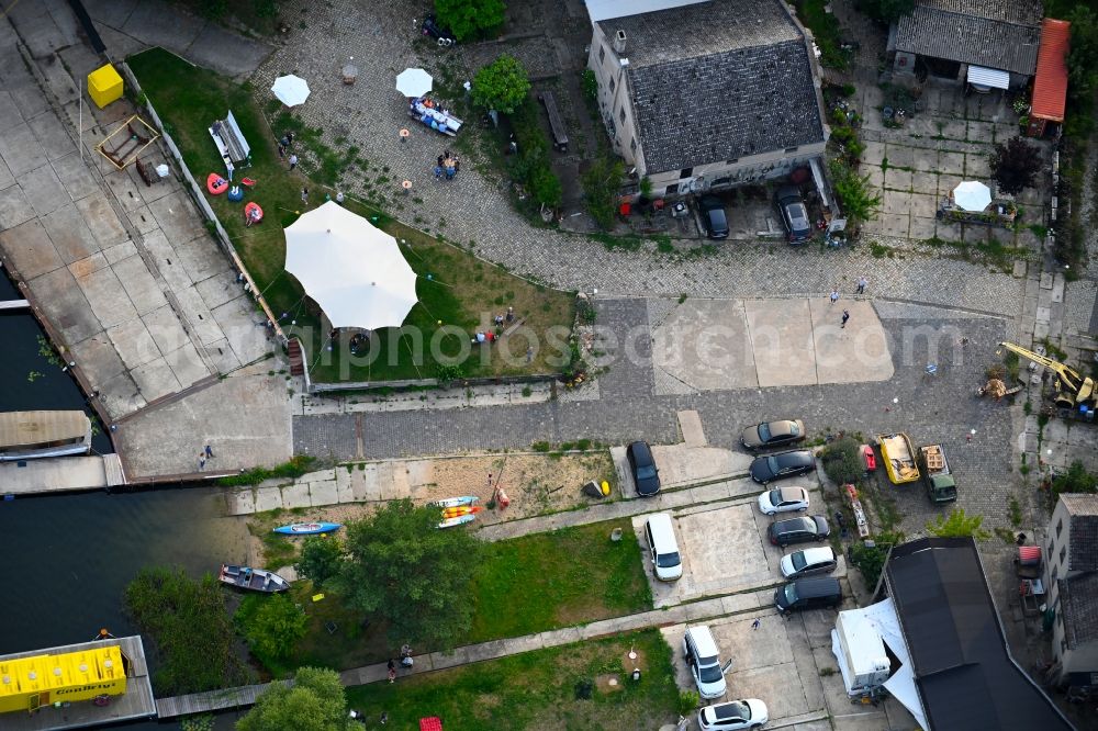 Woltersdorf from above - Shipyard - site of the Bootsmanufaktur Nils Clausen in Woltersdorf in the state Brandenburg, Germany