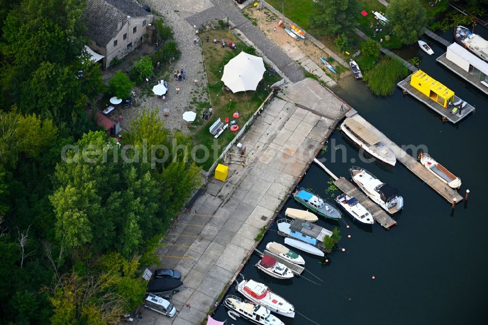 Woltersdorf from above - Shipyard - site of the Bootsmanufaktur Nils Clausen in Woltersdorf in the state Brandenburg, Germany