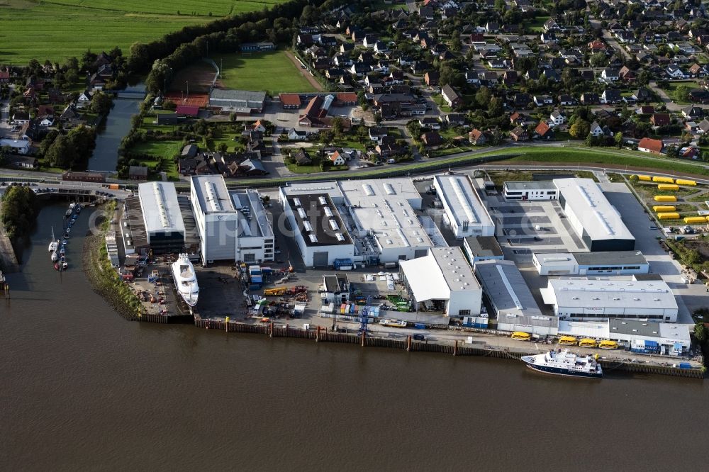 Berne from above - Shipyard - site of the Firma Fassmer on Ufer of Weser in Berne in the state Lower Saxony, Germany