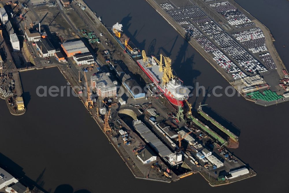 Aerial image Bremerhaven - Shipyard - site of the Lloyd Werft an der Brueckenstrasse im Ueberseehafen in Bremerhaven in the state Bremen