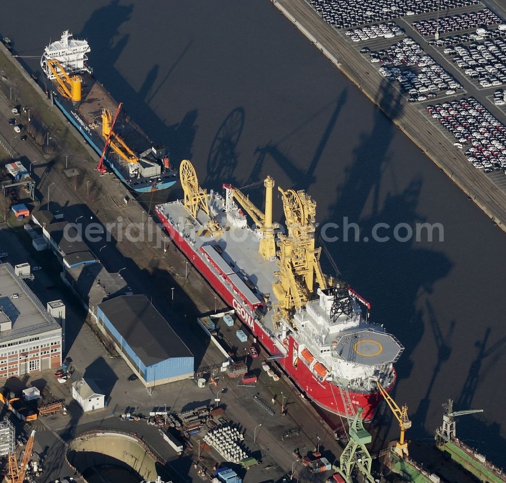 Bremerhaven from above - Shipyard - site of the Lloyd Werft an der Brueckenstrasse im Ueberseehafen in Bremerhaven in the state Bremen