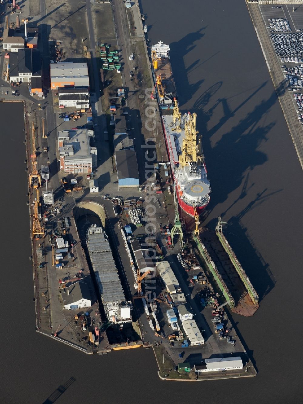 Bremerhaven from above - Shipyard - site of the Lloyd Werft an der Brueckenstrasse im Ueberseehafen in Bremerhaven in the state Bremen