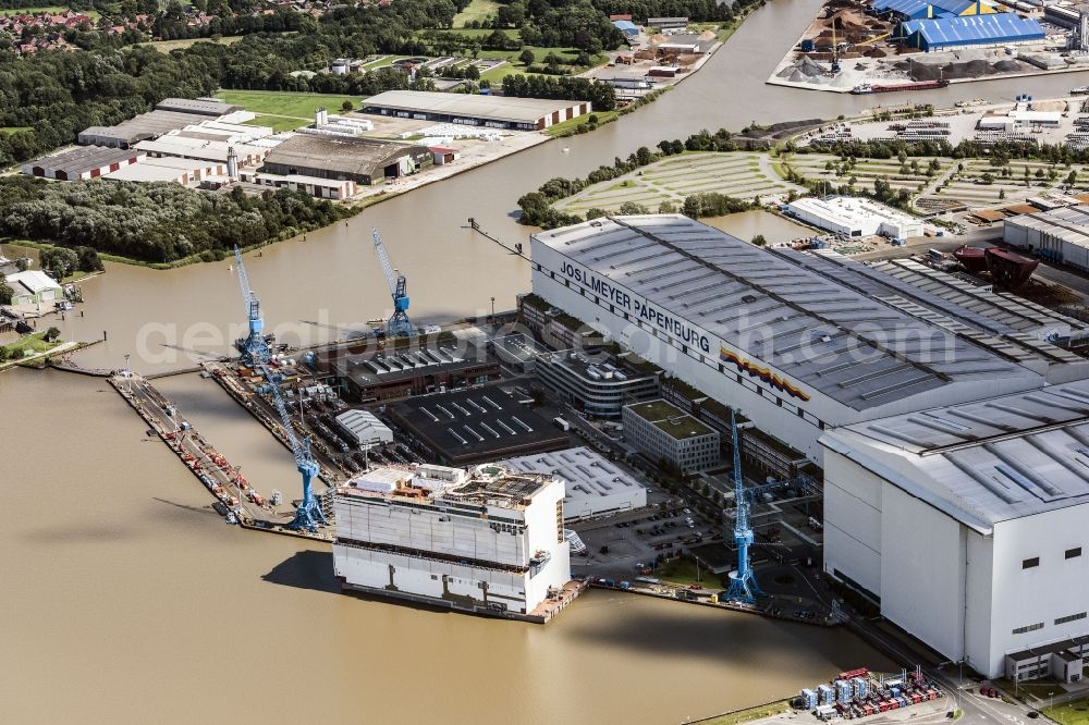 Aerial photograph Papenburg - Shipyard - site of the Meyer Werft in Papenburg in the state Lower Saxony, Germany