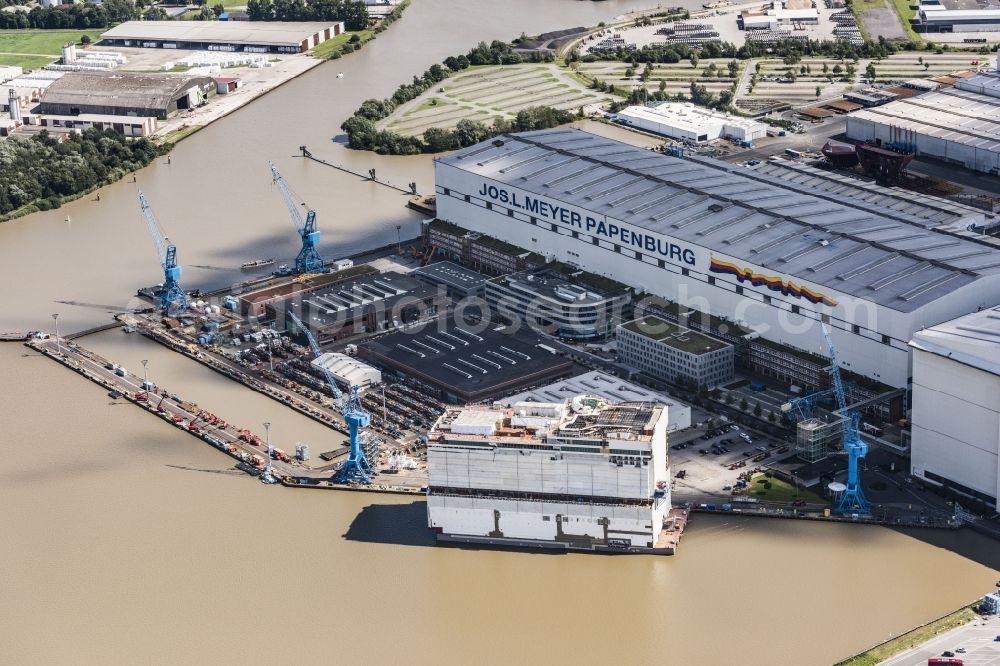 Papenburg from above - Shipyard - site of the Meyer Werft in Papenburg in the state Lower Saxony, Germany