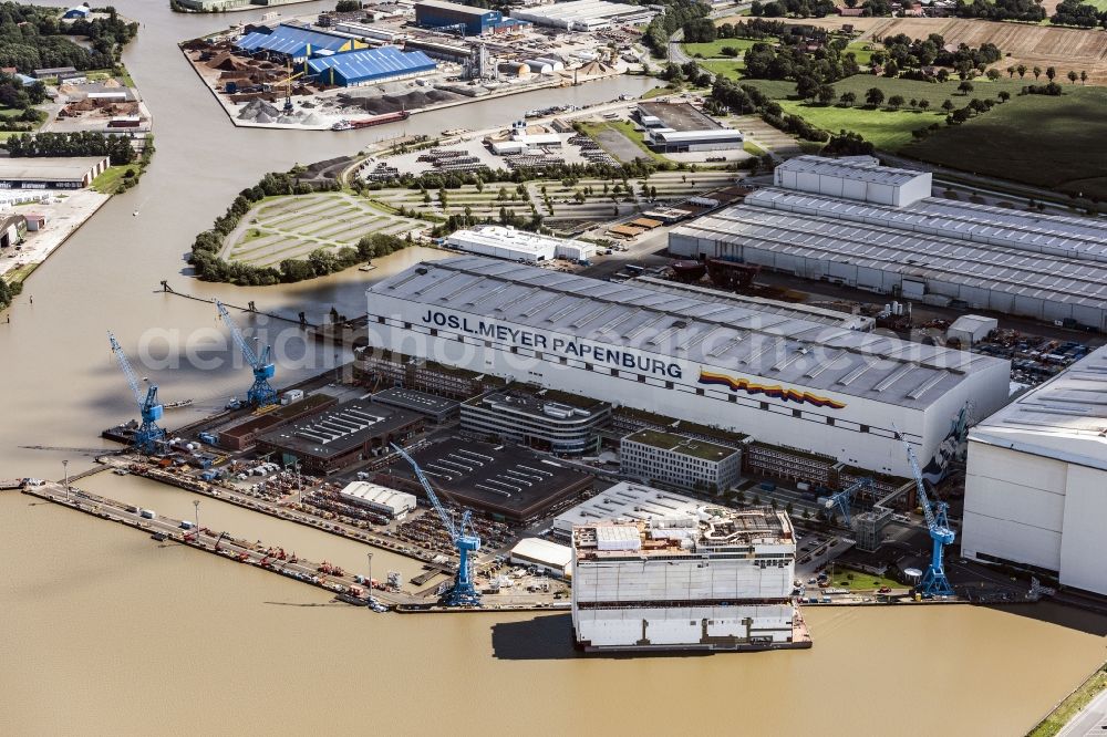 Papenburg from the bird's eye view: Shipyard - site of the Meyer Werft in Papenburg in the state Lower Saxony, Germany