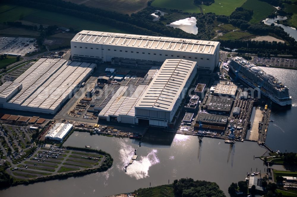 Papenburg from the bird's eye view: Shipyard - site of the Meyer Werft in Papenburg in the state Lower Saxony, Germany