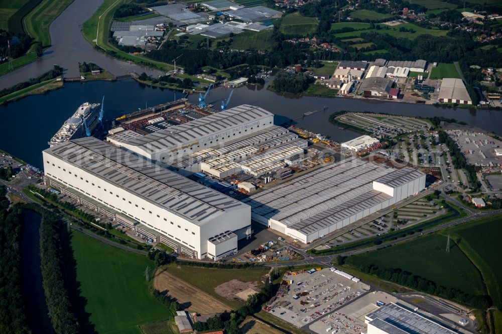 Papenburg from above - Shipyard - site of the Meyer Werft in Papenburg in the state Lower Saxony, Germany