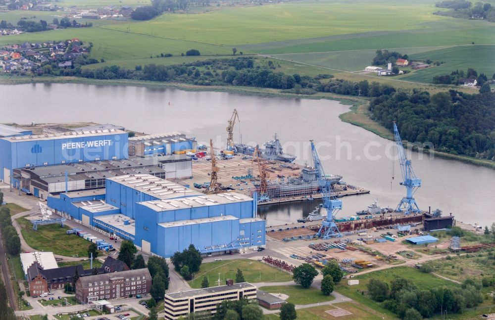 Wolgast from above - Shipyard - site of the Peenewerft in Wolgast in the state Mecklenburg - Western Pomerania, Germany