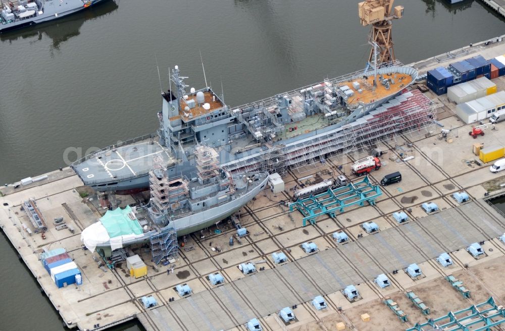 Wolgast from above - Shipyard - site of the Peenewerft in Wolgast in the state Mecklenburg - Western Pomerania, Germany