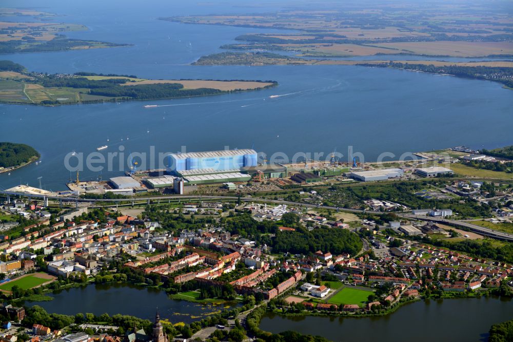 Stralsund from the bird's eye view: Shipyard area of the dockyard in the Strelasund shore in the district Daenholm in Stralsund in the federal state Mecklenburg-West Pomerania