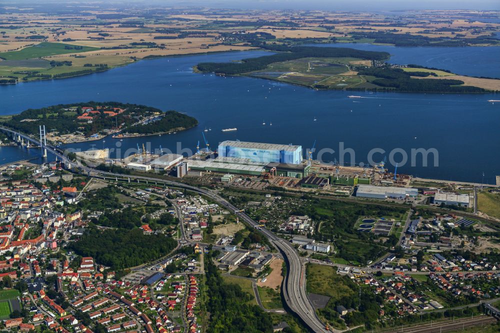 Aerial image Stralsund - Shipyard area of the dockyard in the Strelasund shore in the district Daenholm in Stralsund in the federal state Mecklenburg-West Pomerania