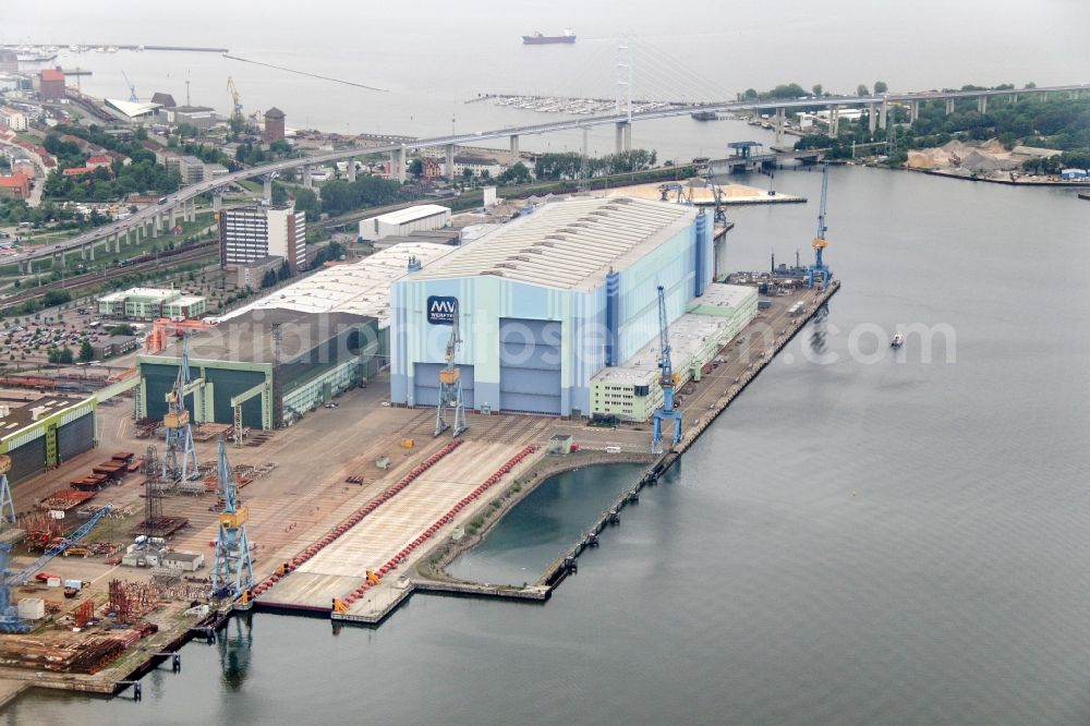 Stralsund from above - Shipyard area of the dockyard in the Strelasund shore in the district different court in Stralsund in the federal state Mecklenburg-West Pomerania