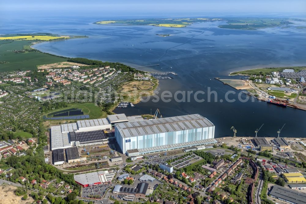 Aerial image Wismar - Shipyard area of the dockyard in the Strelasund shore in the district different court in Stralsund in the federal state Mecklenburg-West Pomerania