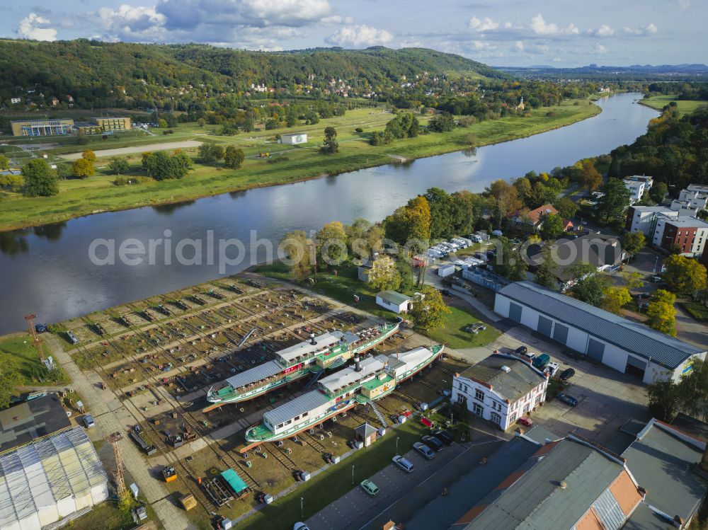 Dresden from above - Shipyard on the banks of the River Elbe on street Oesterreicher Strasse in the district Laubegast in Dresden in the state Saxony, Germany