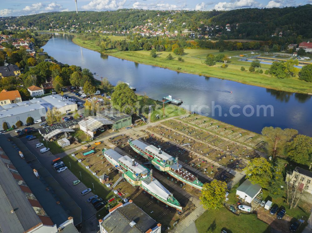 Dresden from the bird's eye view: Shipyard on the banks of the River Elbe on street Oesterreicher Strasse in the district Laubegast in Dresden in the state Saxony, Germany