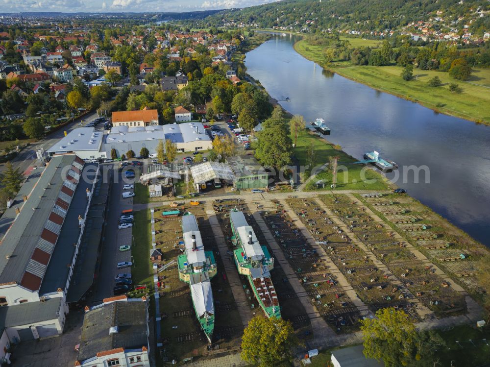 Aerial image Dresden - Shipyard on the banks of the River Elbe on street Oesterreicher Strasse in the district Laubegast in Dresden in the state Saxony, Germany