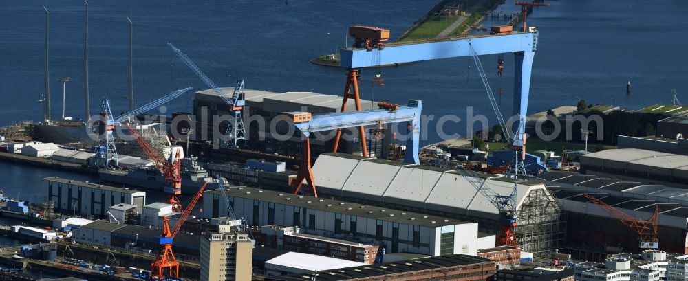 Kiel from the bird's eye view: Shipyard - site of the ThyssenKrupp Marine Systems GmbH in Kiel in the state Schleswig-Holstein