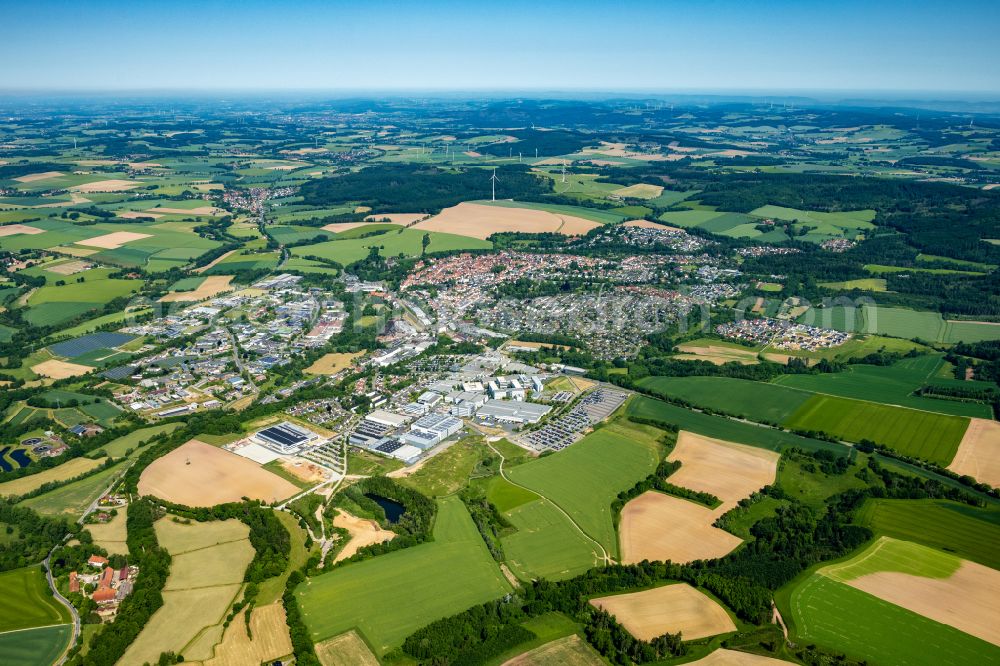 Blomberg from the bird's eye view: Building and production halls on the premises of PHOENIX CONTACT Deutschland GmbH on street Flachsmarktstrasse - Phoenix Contact Allee in Blomberg in the state North Rhine-Westphalia, Germany