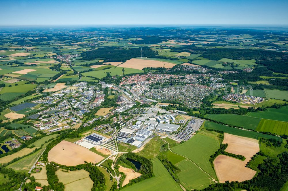 Aerial image Blomberg - Building and production halls on the premises of PHOENIX CONTACT Deutschland GmbH on street Flachsmarktstrasse - Phoenix Contact Allee in Blomberg in the state North Rhine-Westphalia, Germany