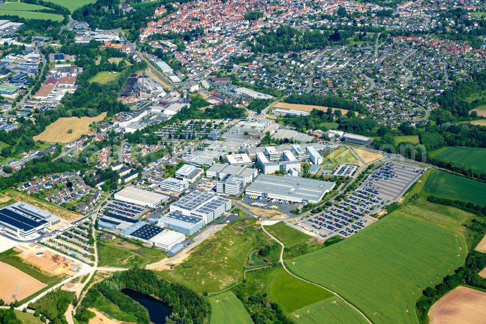 Aerial image Blomberg - Building and production halls on the premises of PHOENIX CONTACT Deutschland GmbH on street Flachsmarktstrasse - Phoenix Contact Allee in Blomberg in the state North Rhine-Westphalia, Germany