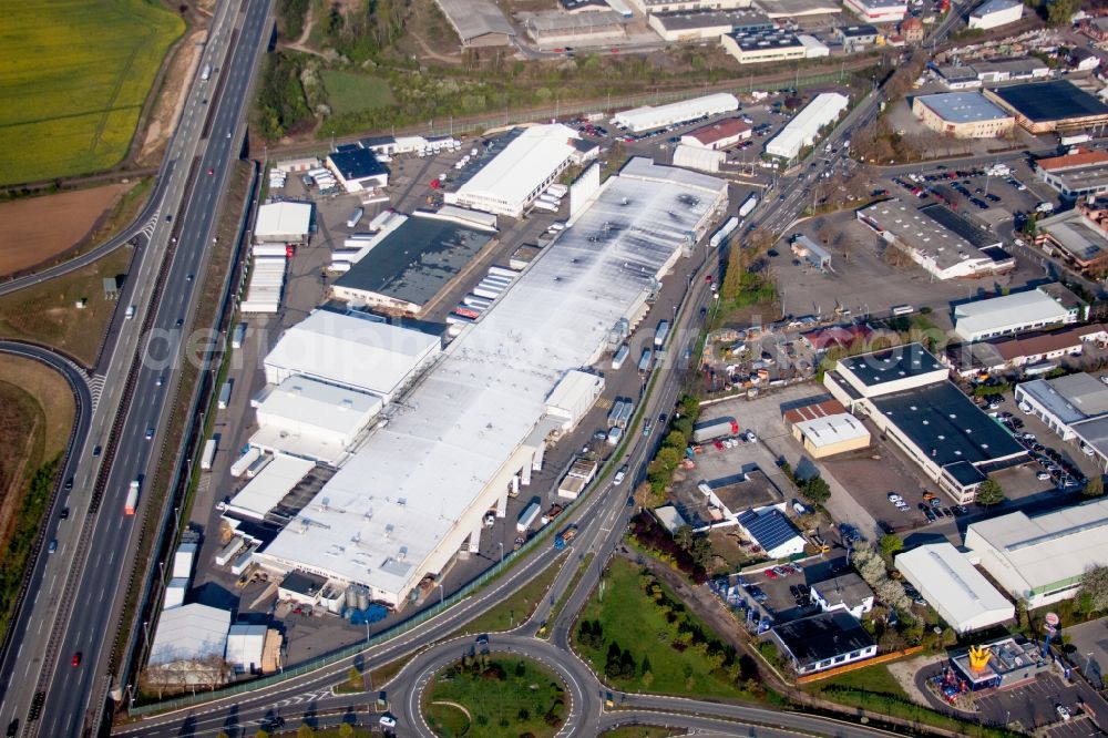 Grünstadt from above - Building and production halls on the premises of Aafes Europa in Gruenstadt in the state Rhineland-Palatinate, Germany