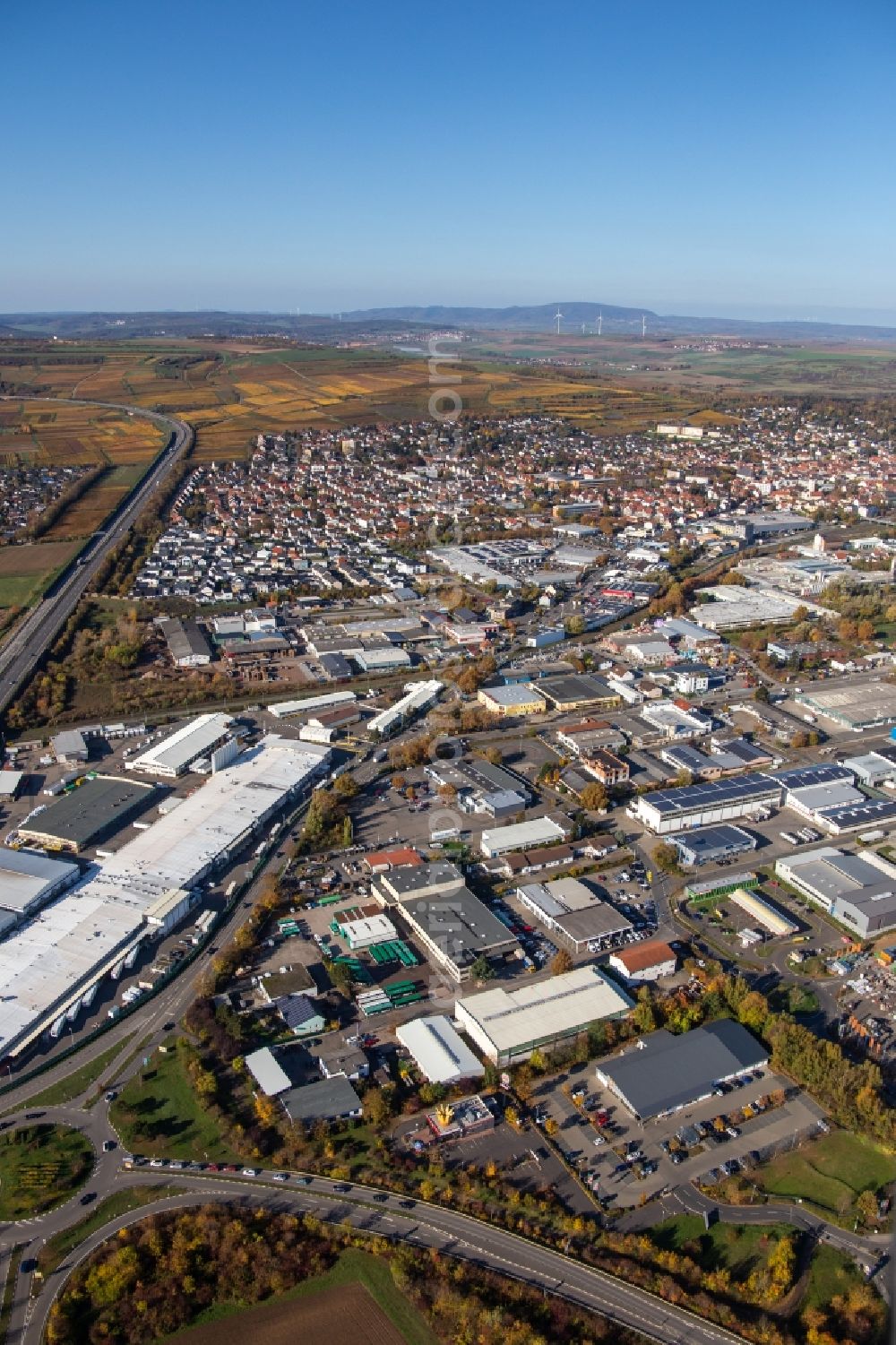 Grünstadt from above - Building and production halls on the premises of Aafes Europa in Gruenstadt in the state Rhineland-Palatinate, Germany