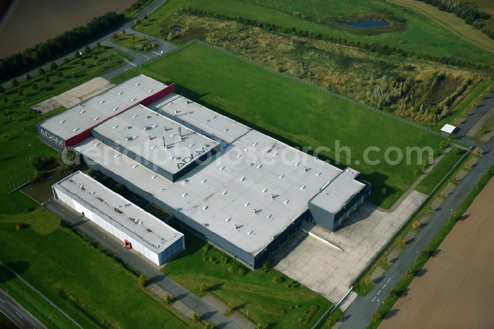 Aerial image Laage - Building and production halls on the premises of ADAM Kommunikation and Druck - ADAM NG GmbH in Laage in the state Mecklenburg - Western Pomerania, Germany