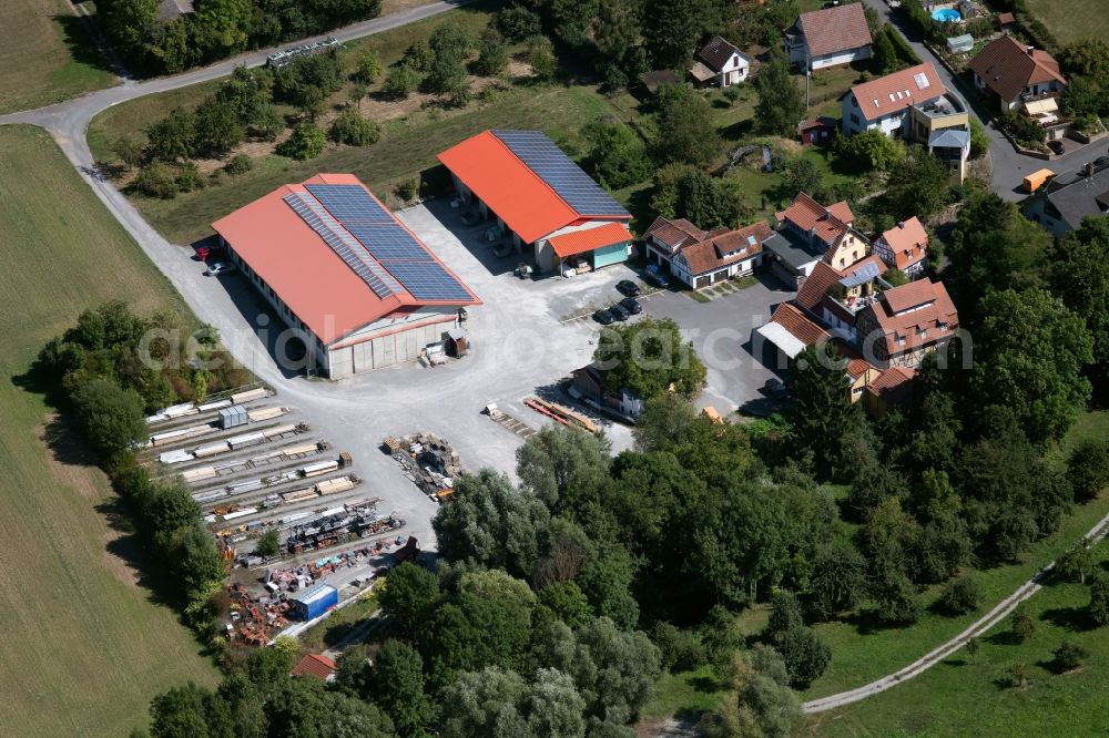 Lauda-Königshofen from above - Building and production halls on the premises Aeckerle Holzbau GmbH at Forellenweg in Lauda-Koenigshofen in the state Baden-Wurttemberg, Germany