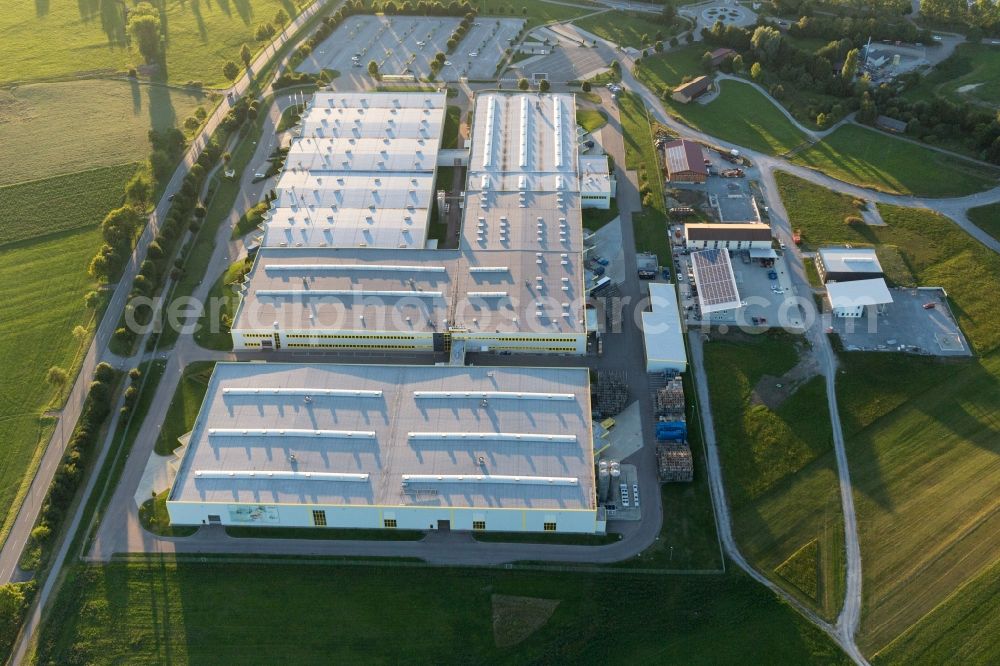 Obersontheim from above - Building and production halls on the premises of Alfred Kaercher Gmbh & Co.kg in Obersontheim in the state Baden-Wuerttemberg, Germany