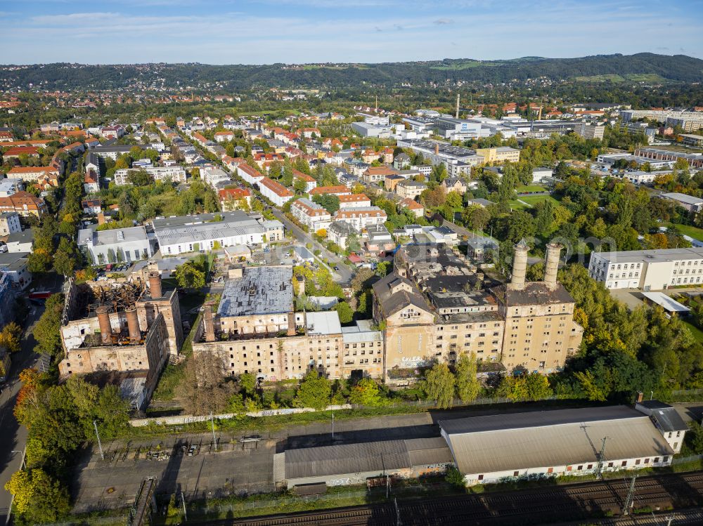 Dresden from the bird's eye view: Burnt-out ruins of the old malt factory in Dresden in the state of Saxony, Germany