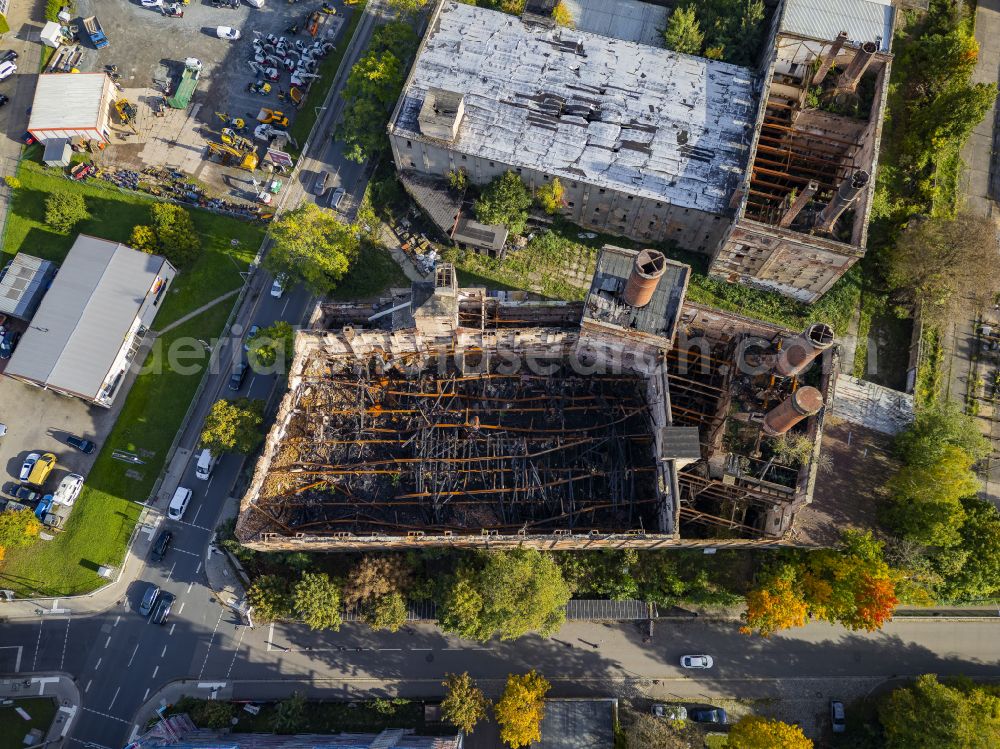 Aerial photograph Dresden - Burnt-out ruins of the old malt factory in Dresden in the state of Saxony, Germany